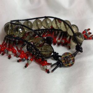 Woven Bracelet with Grey Cut Glass, Fringe, Flowers and Antique Button